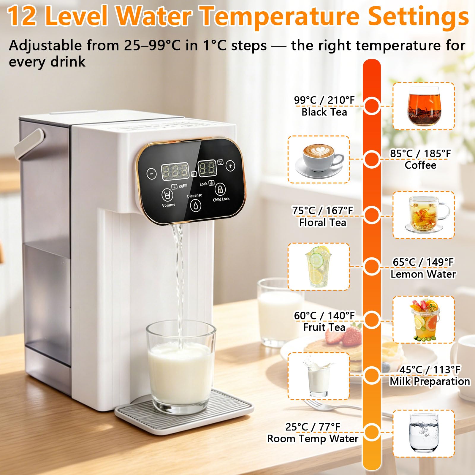 Heißwasserspender, 3L Wasserspender mit 12 einstellbaren Temperaturen & 8 Wassermengen, 3-Sekunden-Schnellheizung, LED Touchscreen, Hitzeschutz-Kindersicherung, für Küche, Büro