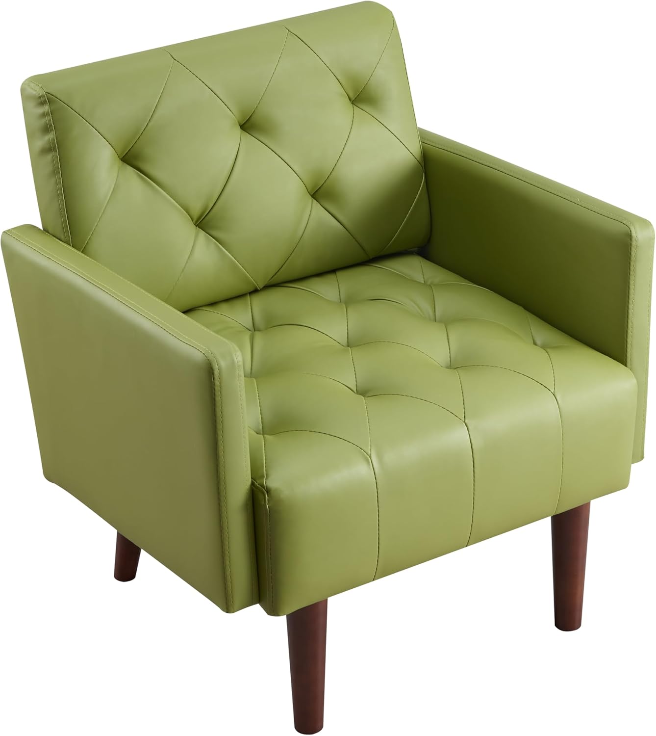 Accent Chairs, Leather Accent Chair Modern Upholstered Living Room Chair, Cozy Armchair Button Tufted Back and Wood Legs for Bedroom Office Cafe (Green)