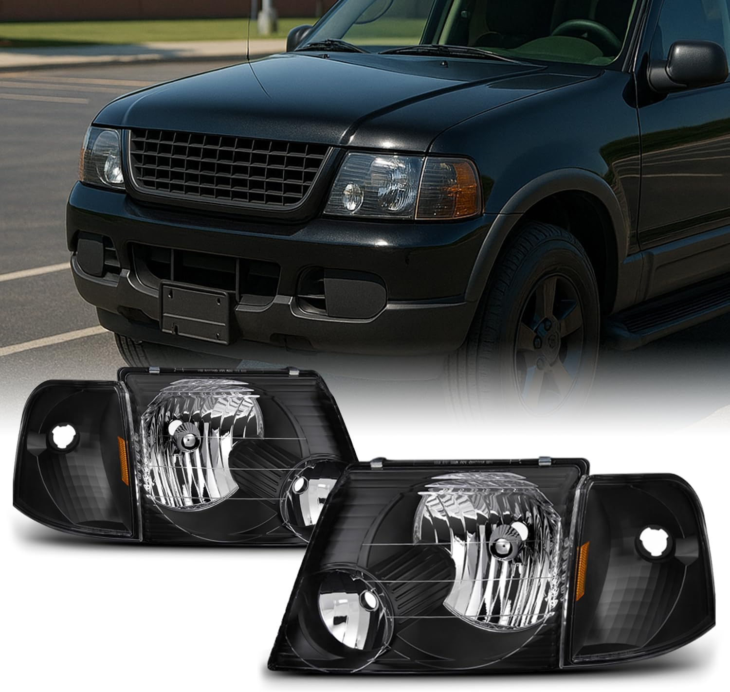 AKKON - For Black Bezel 02-05 Ford Explorer Headlights Replacement + Corner Bumper Signal Lamps 6pcs Set