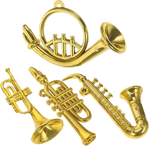 Gadpiparty Juego de 4 piezas de casa de muñecas de plástico, instrumentos musicales, trompeta, saxofón, casa de muñecas en miniatura, juego de