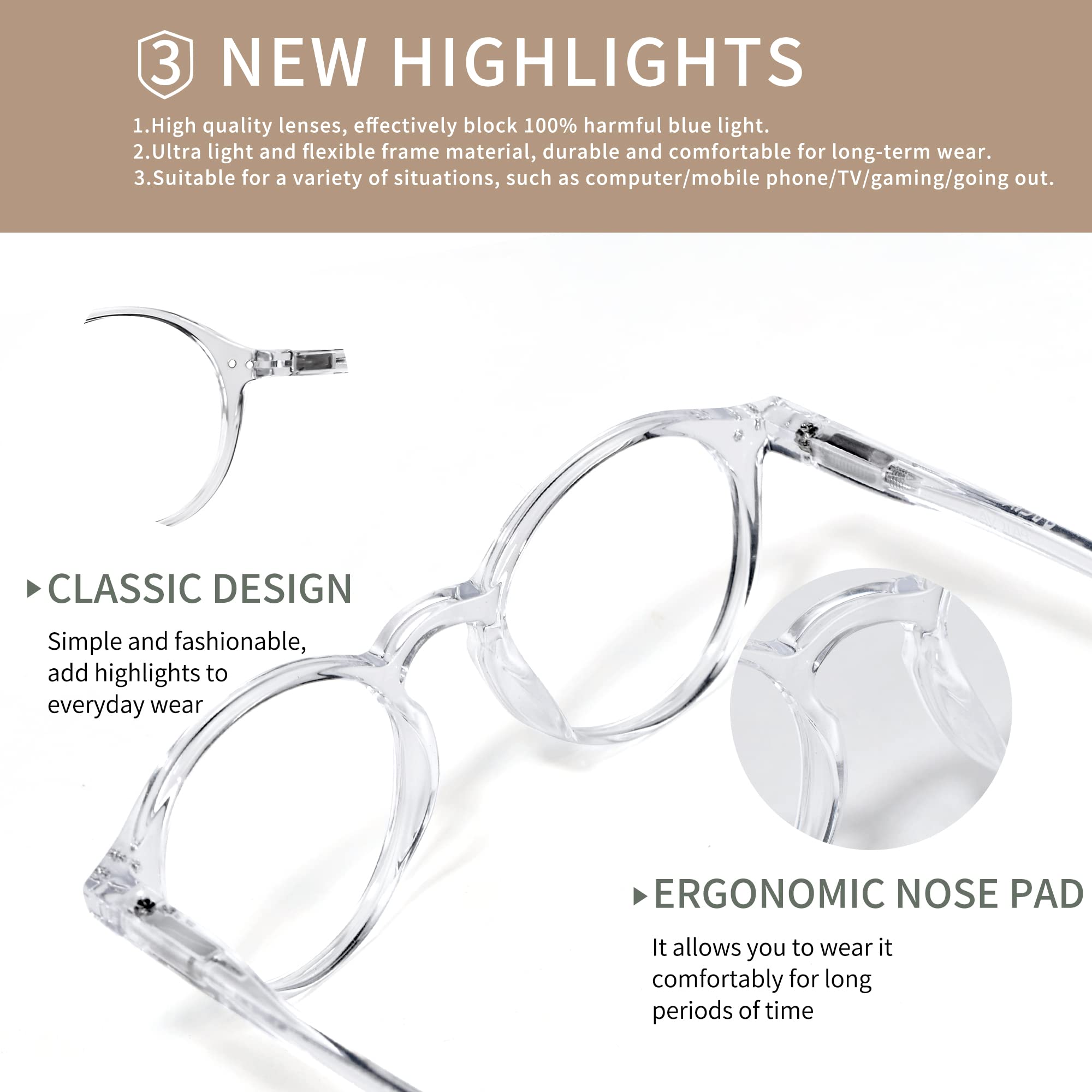 Runde Retro-Brille mit Blaulichtfilter, für Herren und Damen, mit UV-Schutz AB3303 (Schwarz/Transparent)
