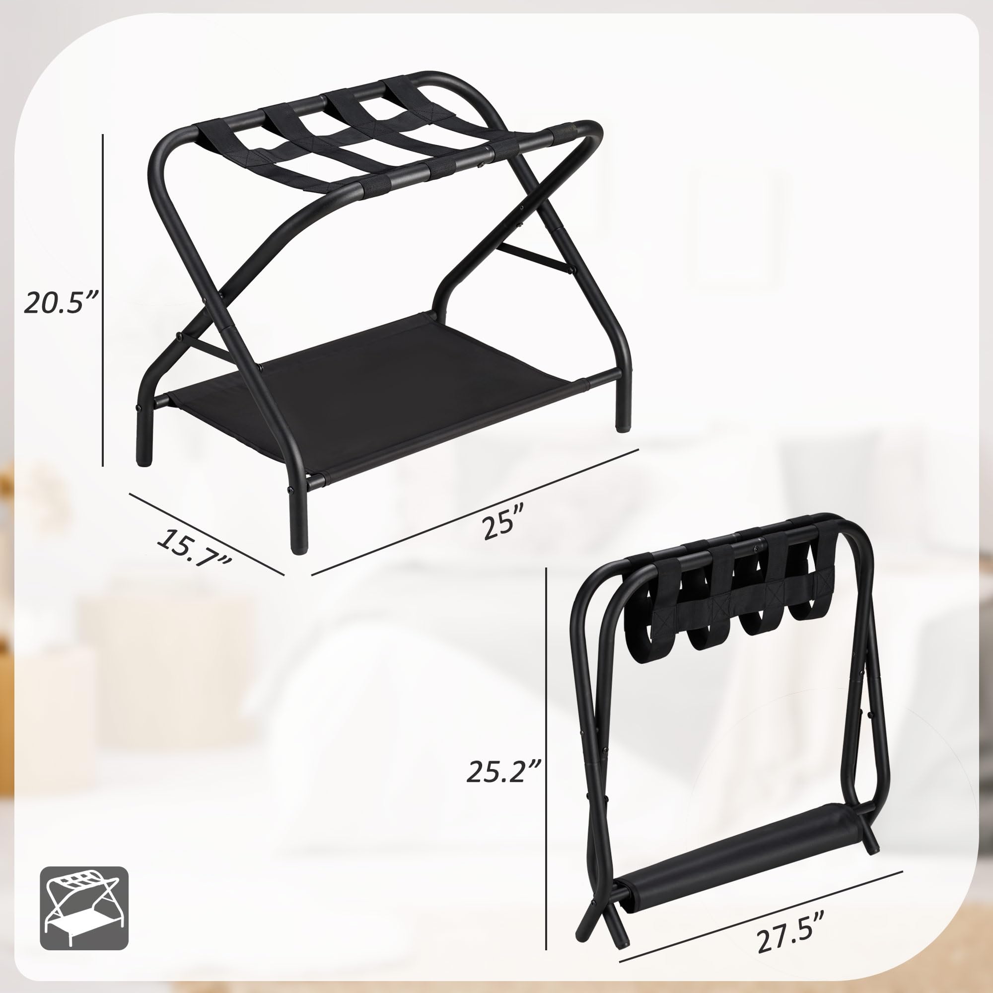 Ancohom Luggage Rack Set of 2, Foldable Suitcase Stand with Fabric Storage Shelf Easy Assemble Metal Luggage Holder with Straps for Guest Room Bedroom Hotel, Black