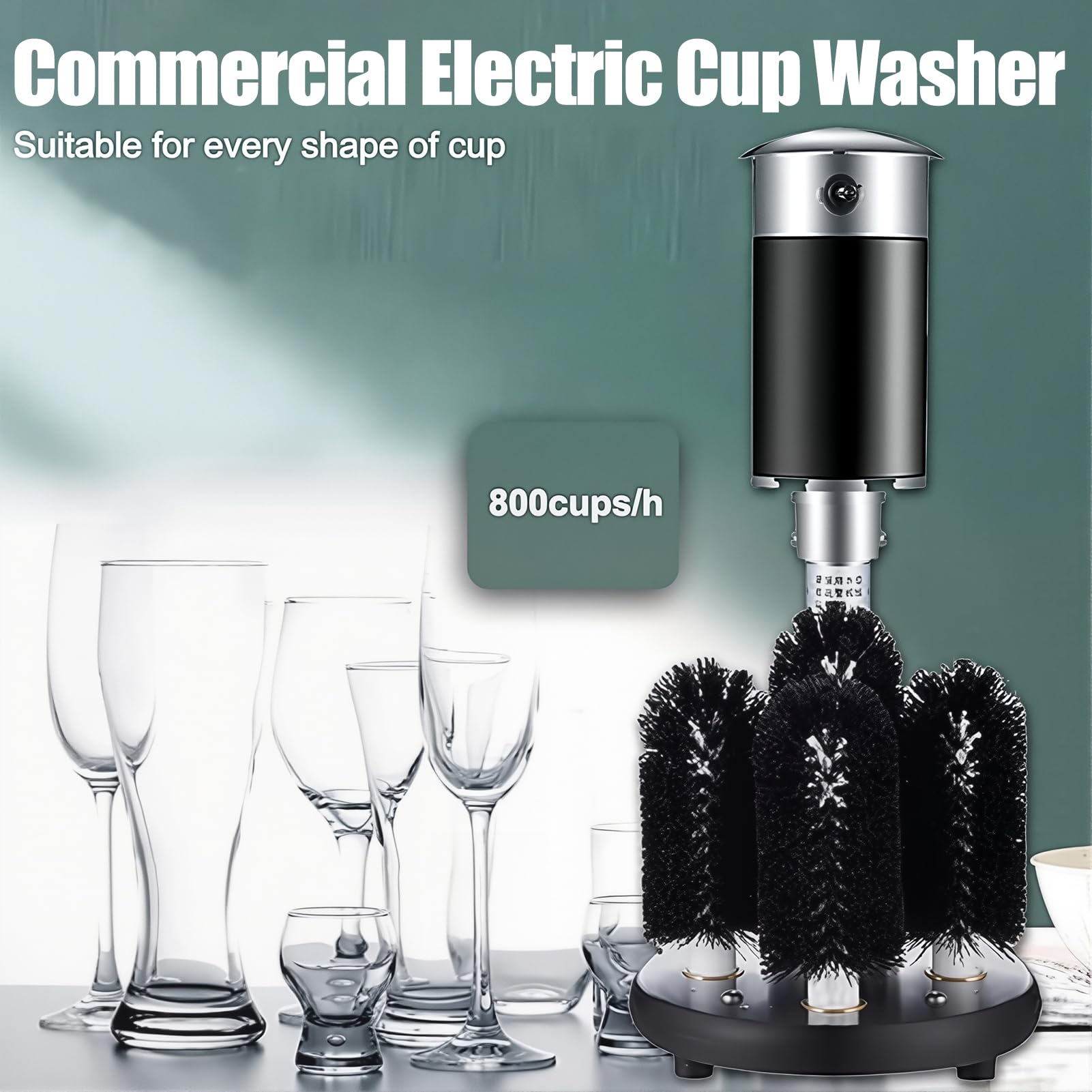 Lave-Verres Commercial, Polisseuse Électrique pour Verres à Vin avec 5 Brosses et Nettoyage à 360°, Polisseuse à Verres en Acier Inoxydable 304 pour 1200 Tasses par Heure pour Bars, Cafés
