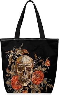 Sacolas de lona com zíper e bolso interno, bolsa de ombro feminina casual bolsa de mão caveira bordado flor, bolsas de compras reutilizáveis de cozinha, bolsas de lona para uso para livros, sacolas de compras, sacolas de presente, Multicor