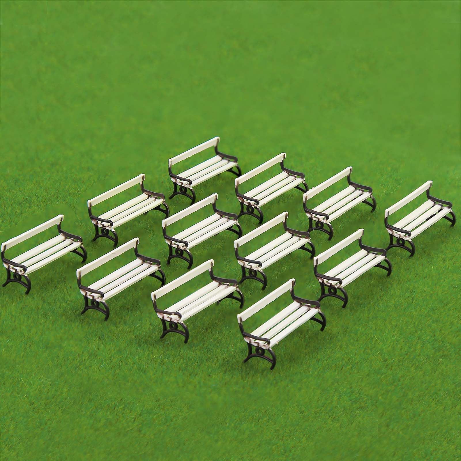 12pcs Model Train Platform Park Street Seat Bench 1/87 Chairs Settee HO Scale for Miniature Scenery Diorama ZY37087WBr (B, White with Brown)