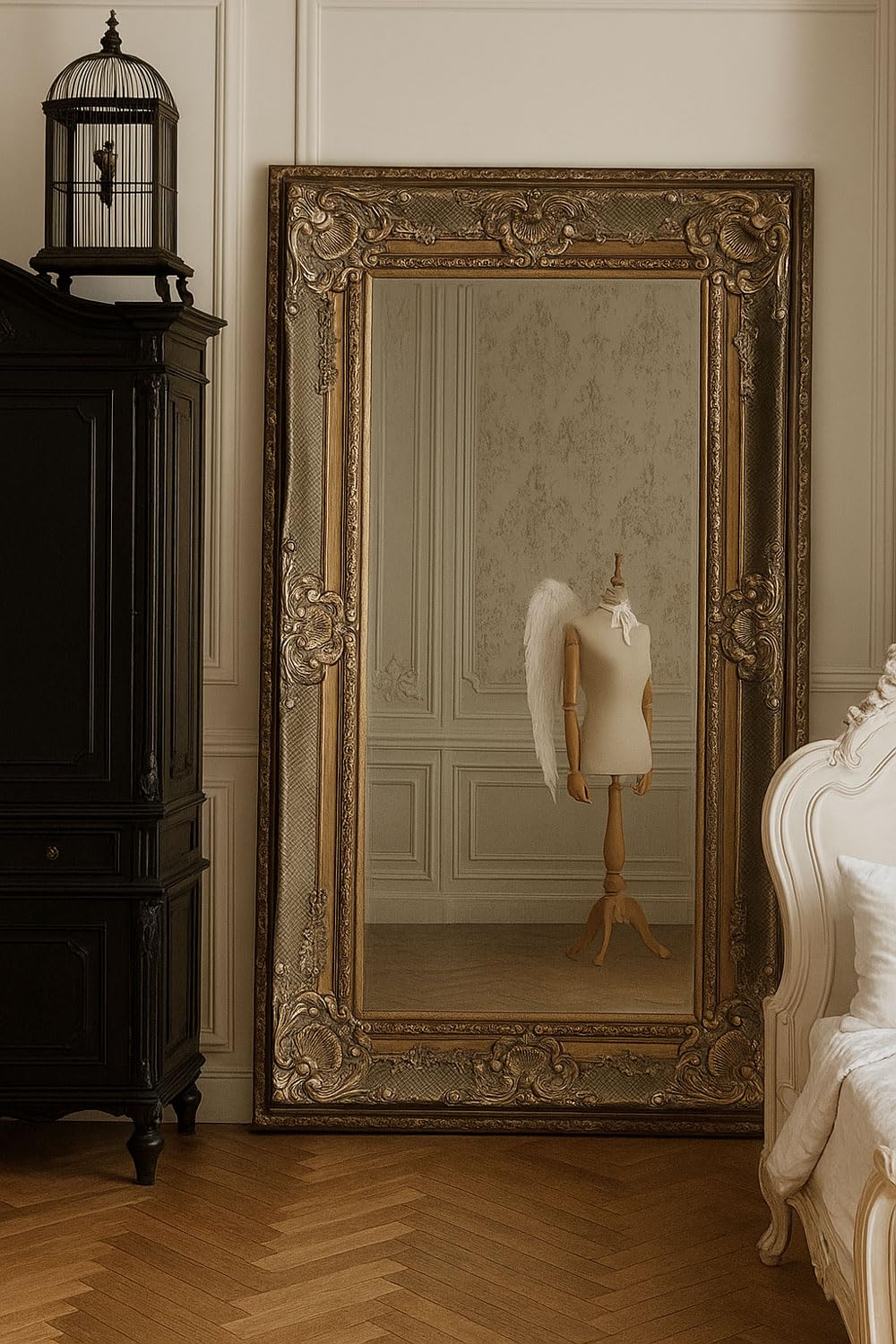 Miroir Baroque Mural Or Antique - 154 Cm De Hauteur, Cadre Bois, Style Psyché