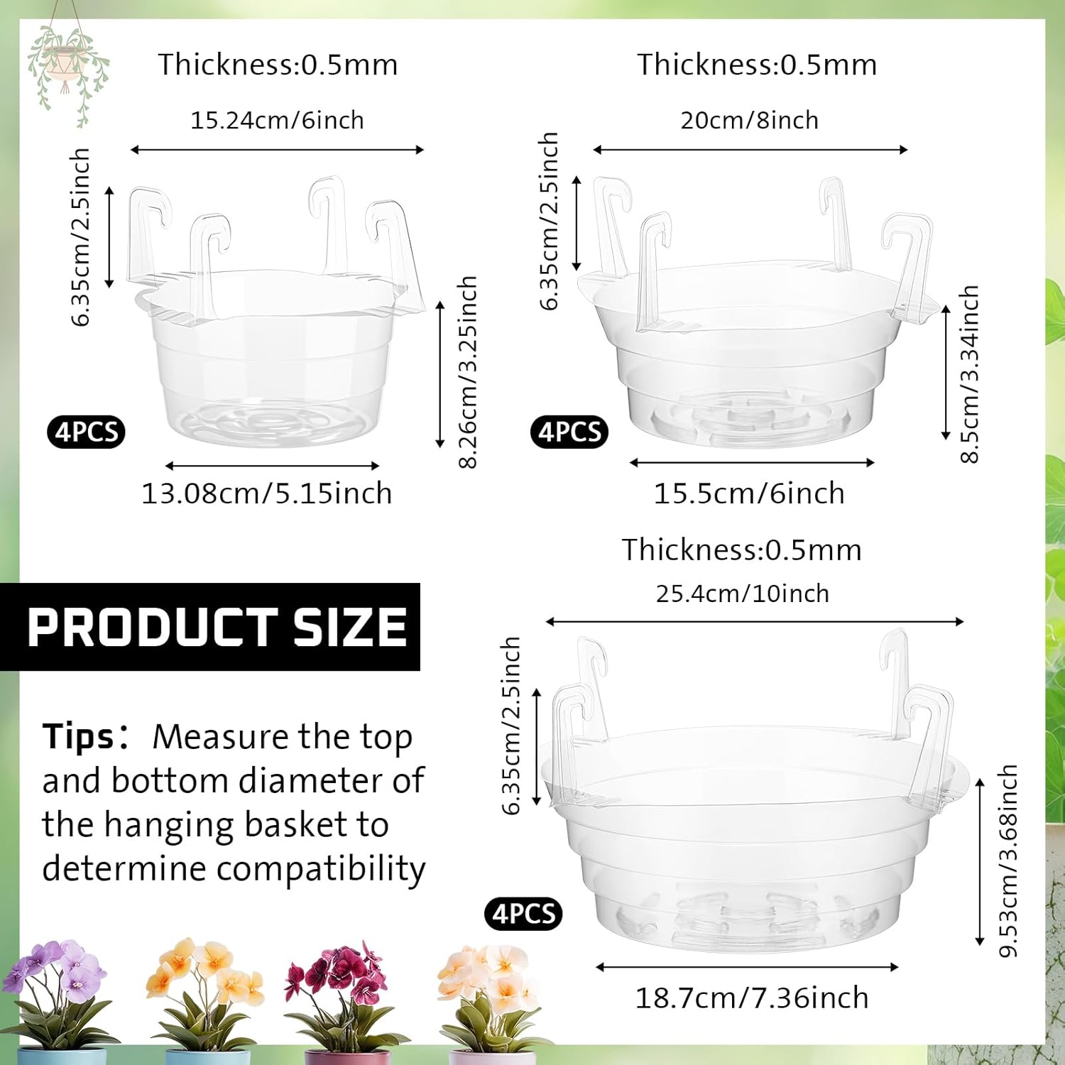 Baderke 12 Pcs Hanging Plant Water Catcher Tray Includes 4 Pcs Clear Plastic Plant Saucer Drip Pans for Indoor Outdoor Hanging Basket Flower Pot (6 8 10 Inch)