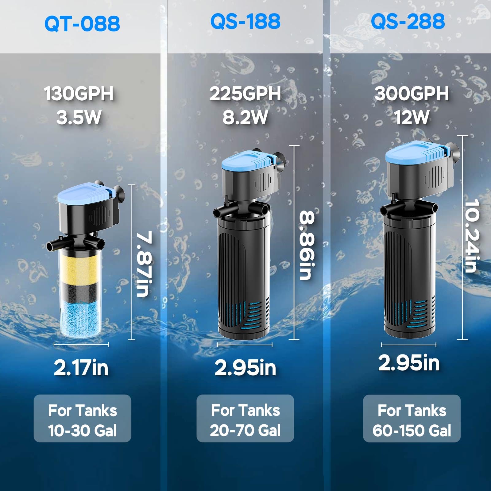 AquaMiracle Filtro interno de acuario de 130 GPH, filtro de tanque de peces de 3 etapas con salidas dobles y aireación, filtro de tortuga sumergible para tanques de 10 a 30 galones