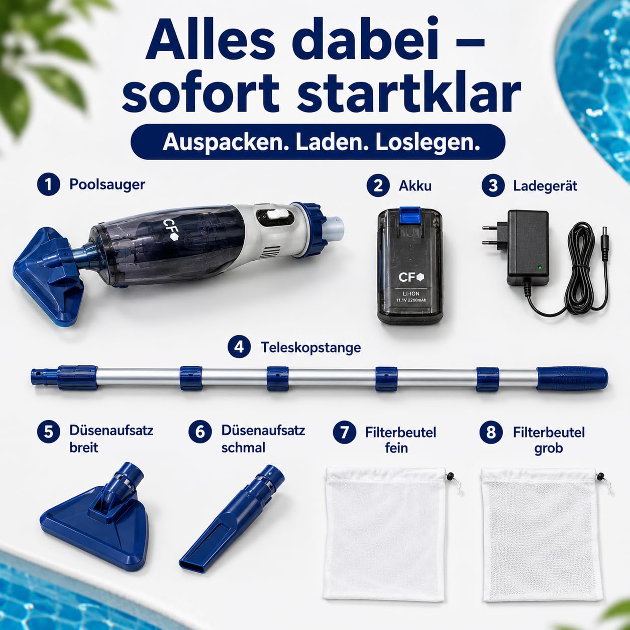 poolomio Poolsauger Akku kabellos Teleskopstange 70 L/min Whirlpool & Pool
