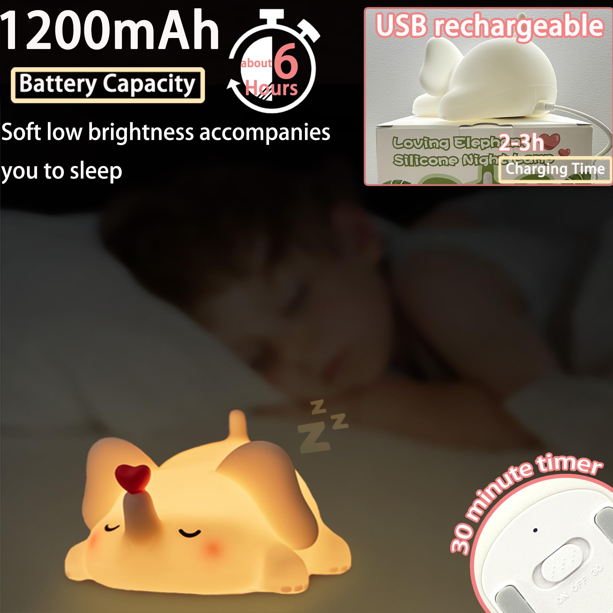Silikon-Elefanten-Nachtlicht für Kinderzimmer, dimmbar, wiederaufladbar, Tier-Nachtlicht, Geschenke für Frauen, Mädchen, Jungen, Raumdekoration, 3 Helligkeitsstufen, Kleinkind, Schlafzimmer