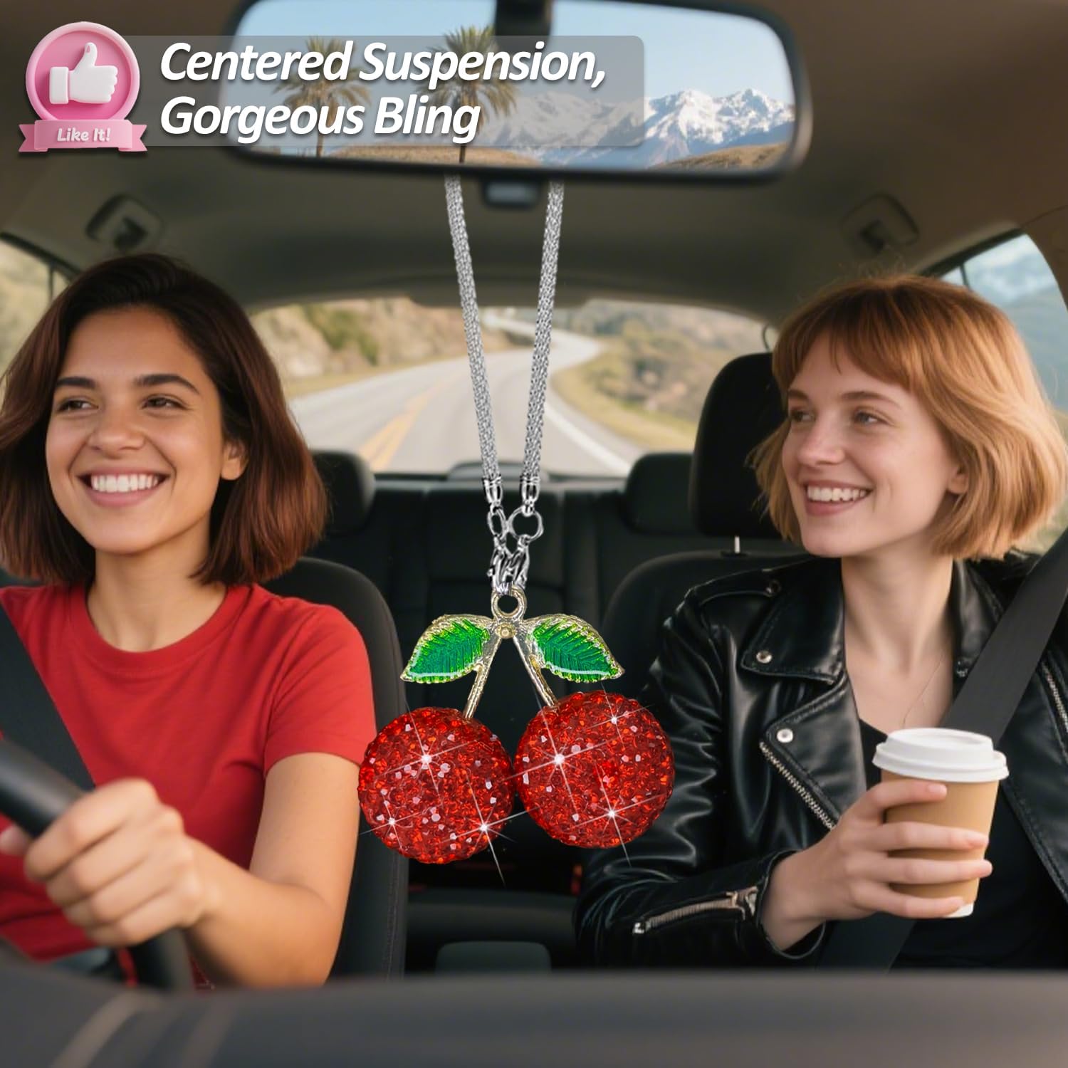 Bling Cherry Car Accessories Interior for Women, Cute Red Crystal Rear View Mirror Accessories, Sparkly Diamond - Adorned Lucky Car Interior Charms