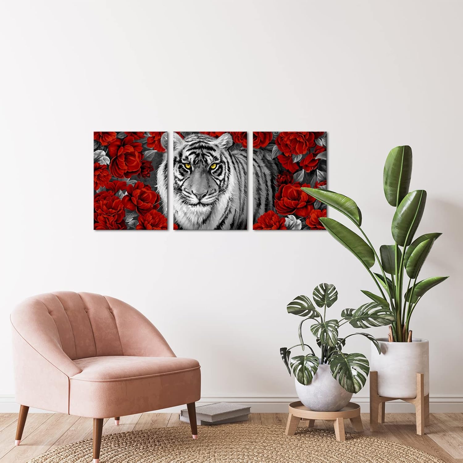 Kalormore Black and White Tiger Canvas Wall Art Animal Wildlife Cool Tiger in Burgundy Red Flowers Painting Prints Gallery Wrap Artwork for Living Room Bedroom Home Office (12x16x3)