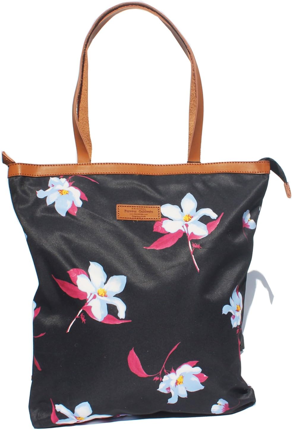 Women Fashion Large Tote Shoulder Handbag Original Floral Leaf Water Resistance Lightweight Tote Bag (Black - White flower)