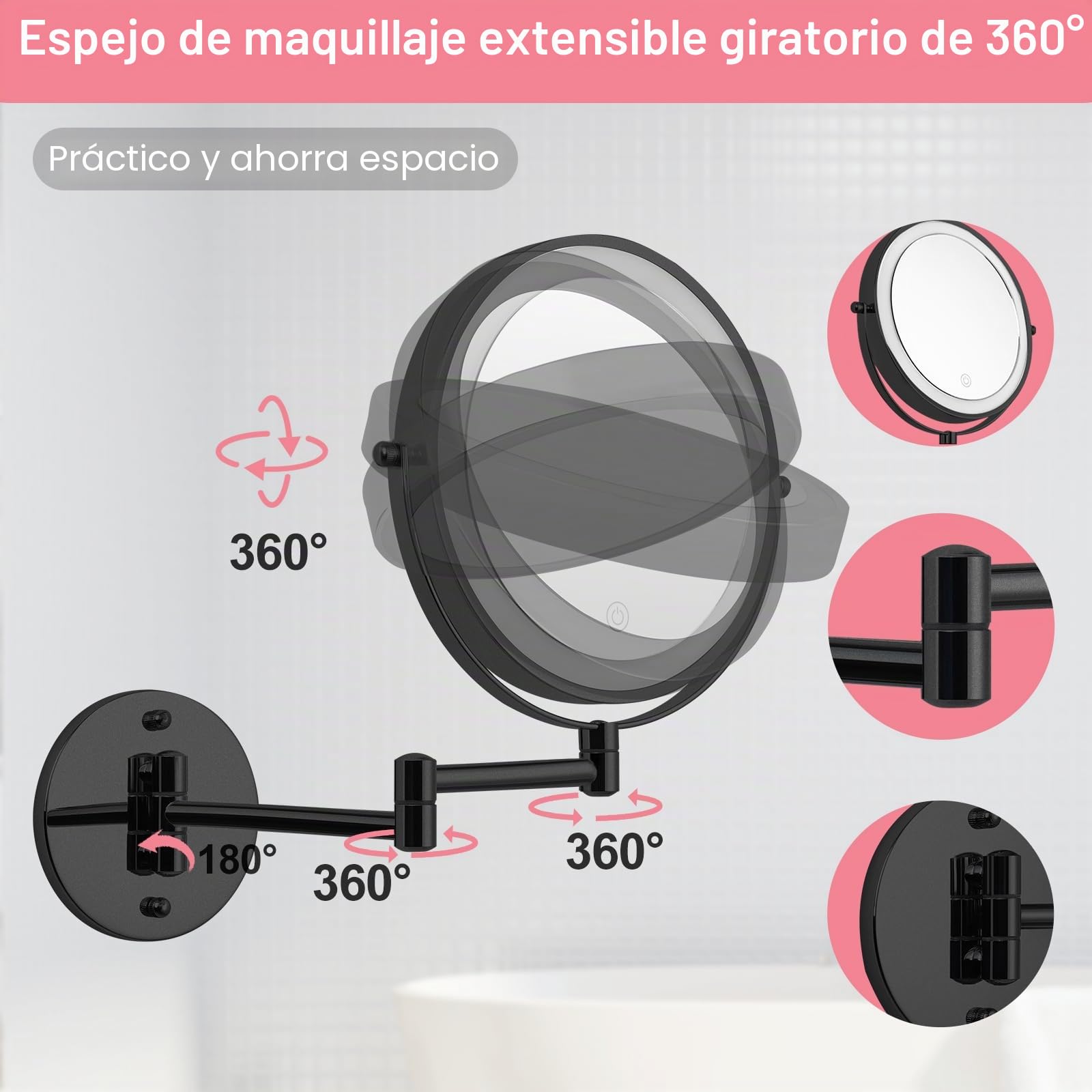 Espejo de maquillaje montado en la pared de 8 pulgadas con luces, espejo de afeitado LED recargable, aumento de doble cara 1X/10X, iluminación regulable de 3 colores, rotación de 360°, negro