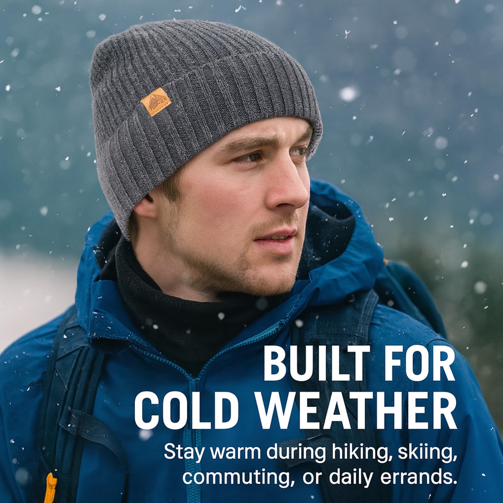 TOP-EX Bonnet d'hiver en laine mérinos XL/XXL - Bonnet tricoté chaud avec poignets et doublure polaire - Bonnet extensible unisexe pour homme et femme - Cadeau pour les jours froids