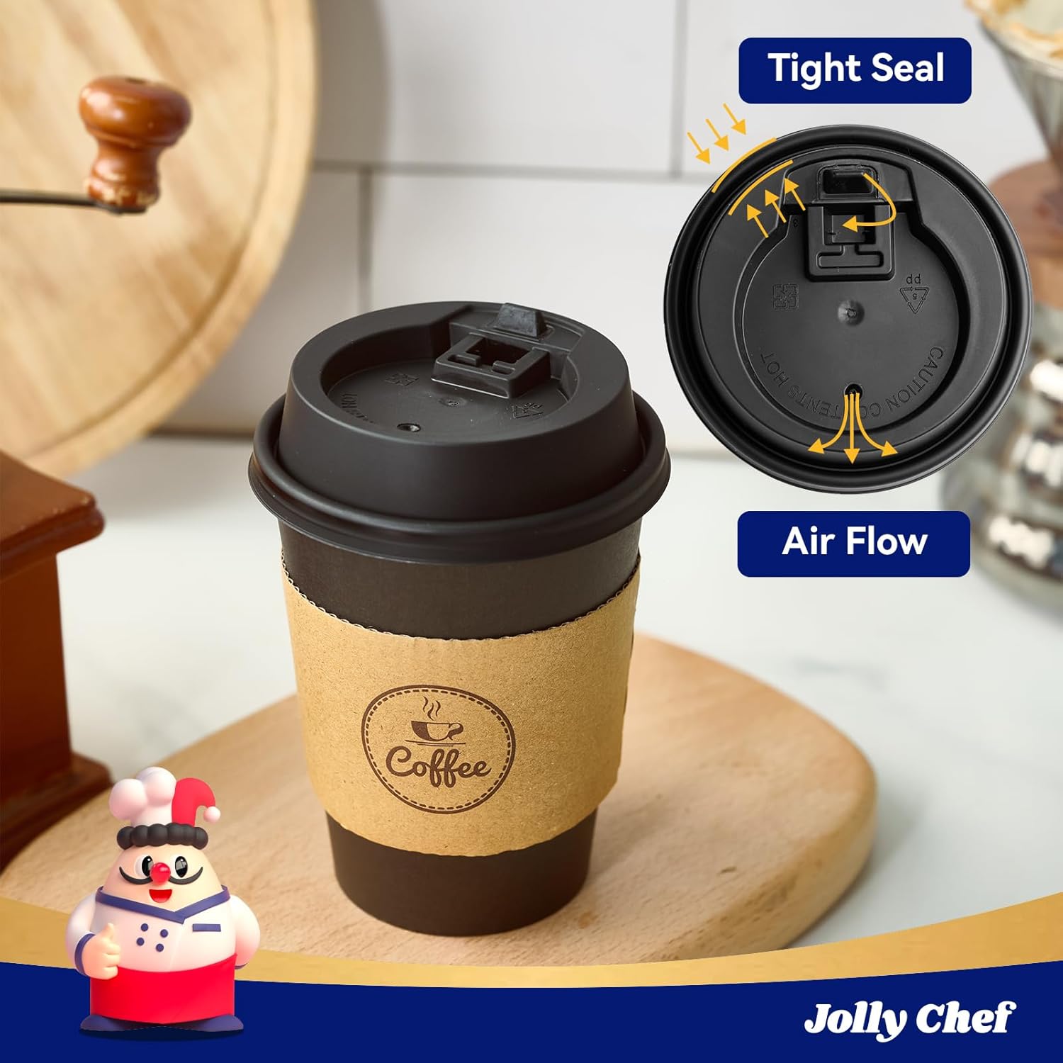 JOLLY CHEF 100 Pack 12 oz Coffee Cups with Lids, Sleeves and Stirrers, Disposable Black Hot Paper Coffee Cups for all Kinds of Beverages - Image 3