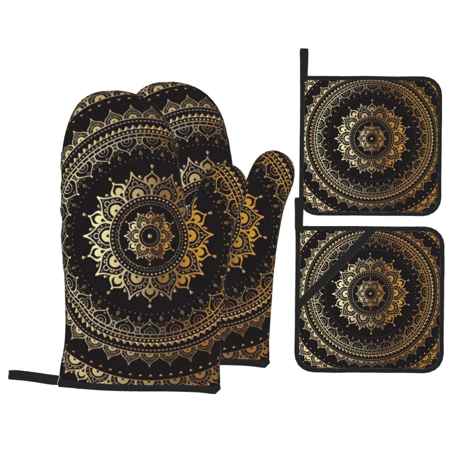 Nimongt Black Mandala Print Heat-Resistant 4-Piece Oven Kitchen Gloves For Baking Cooking Microwaving Essentials