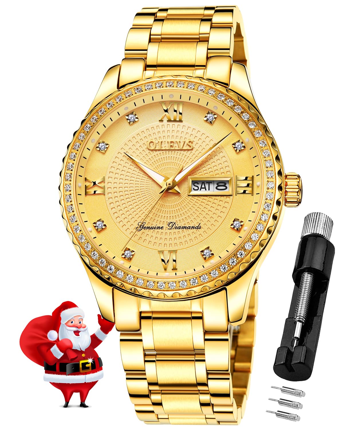 OLEVS Mens Diamond Watch Chain Fashion Business Luxury Dress Golden Stainless Steel Waterproof Watches Date Day (B0DDTFST73) Amazon Price History, Amazon Price Tracker