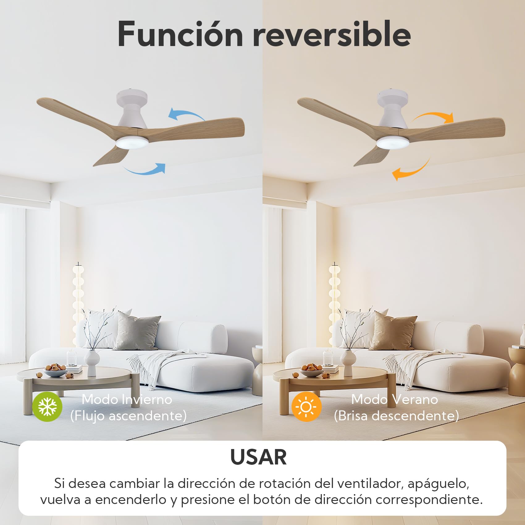Ventilador de Techo con Luz LED 42" / 106 cm, Motor DC Silencioso 3 Aspas de Plástico Efecto Madera, 6 Velocidades, 3 Temperaturas(3000K-6000K), Función Inversa y Mando a Distancia,Efecto Madera