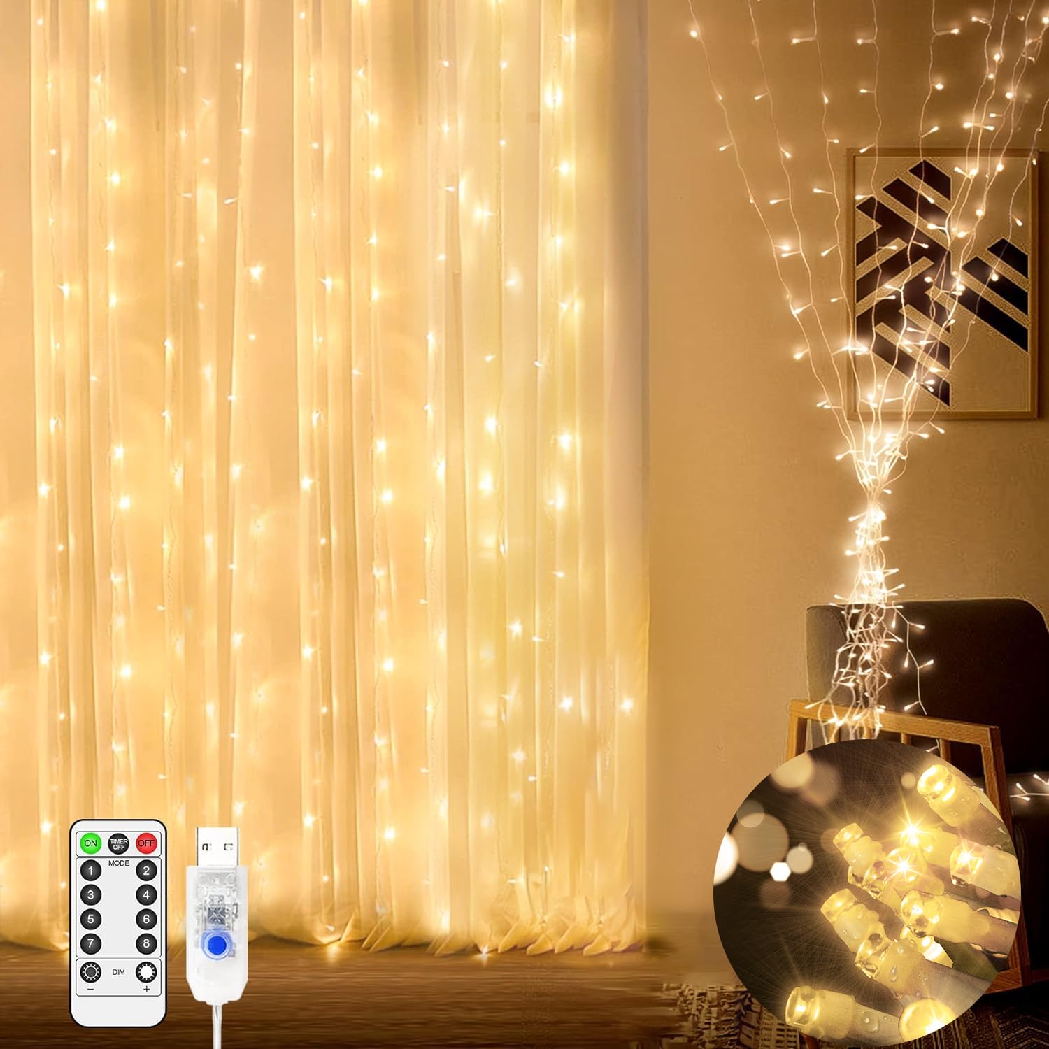 Curtain Lights Indoor Outdoor 200 LED 2m x 2m Fairy Lights USB Powered Christmas Window Lights with Remote 8 Modes Timer for Bedroom Outside Garden Patio Gazebo Party Wedding Decorations-Warm White