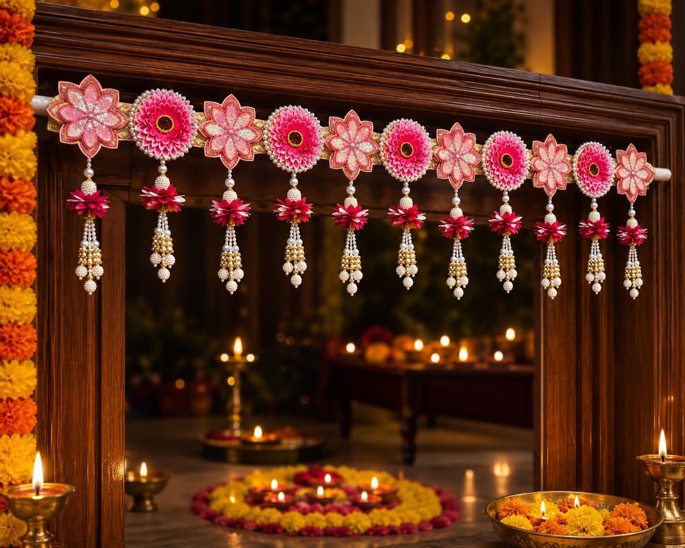 Premium Handmade Artificial Flower Door Toran for Main Entrance | Pink Floral Pearl Hanging with Decorative | Traditional Wall & Door Decor for Home, Pooja Room | 38.5 Inch-picture-19