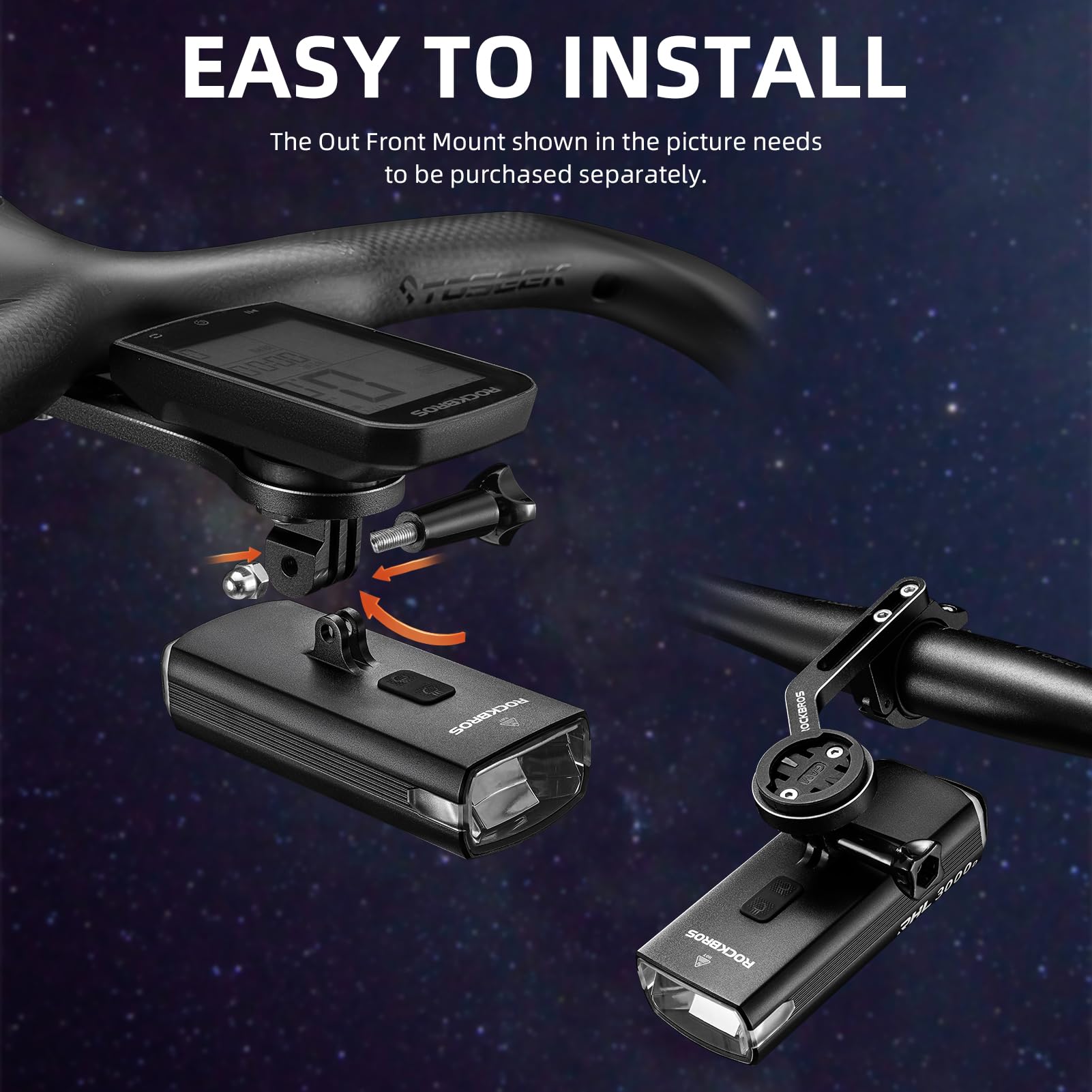 ROCKBROS Phares de vélo rechargeables USB-C 10 000 mAh pour conduite de nuit - 3000 lumens - Plus de 24 heures d'autonomie - Phare de vélo étanche IPX6