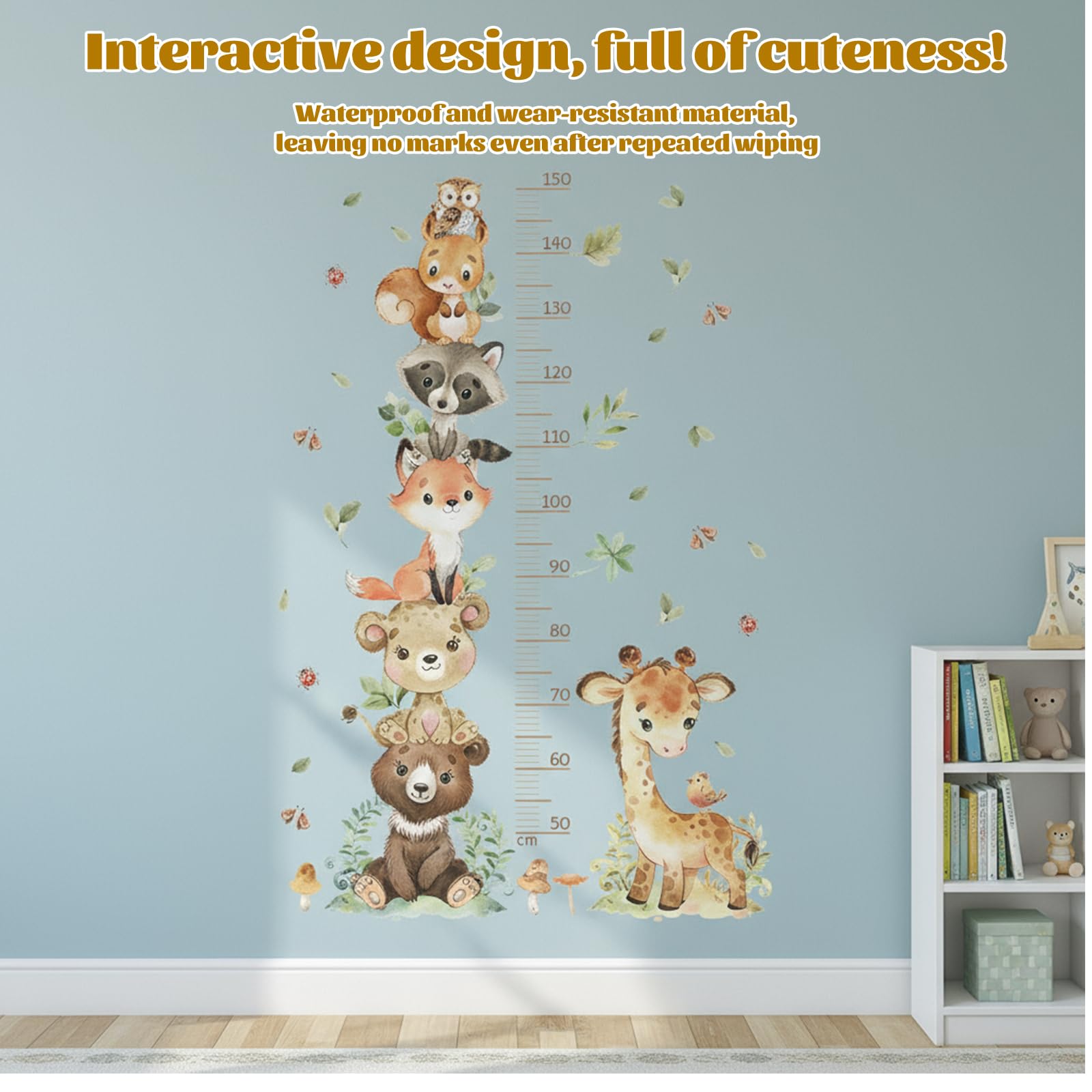 Toise Murale Enfant, Stickers Muraux Chambre Bébé, Règle de Hauteur Enfant, Autocollant Mural Animaux de la Forêt, Sticker Mural de Croissance 50-150 cm, pour Garçons et Filles
