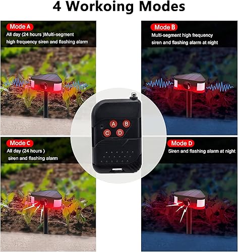 Miniatura 2 de Alarma solar de sonido y luz, alarma inteligente con sensor de movimiento ultrasónico de 360 con control remoto, 3 altavoces súper fuertes de 129 dB