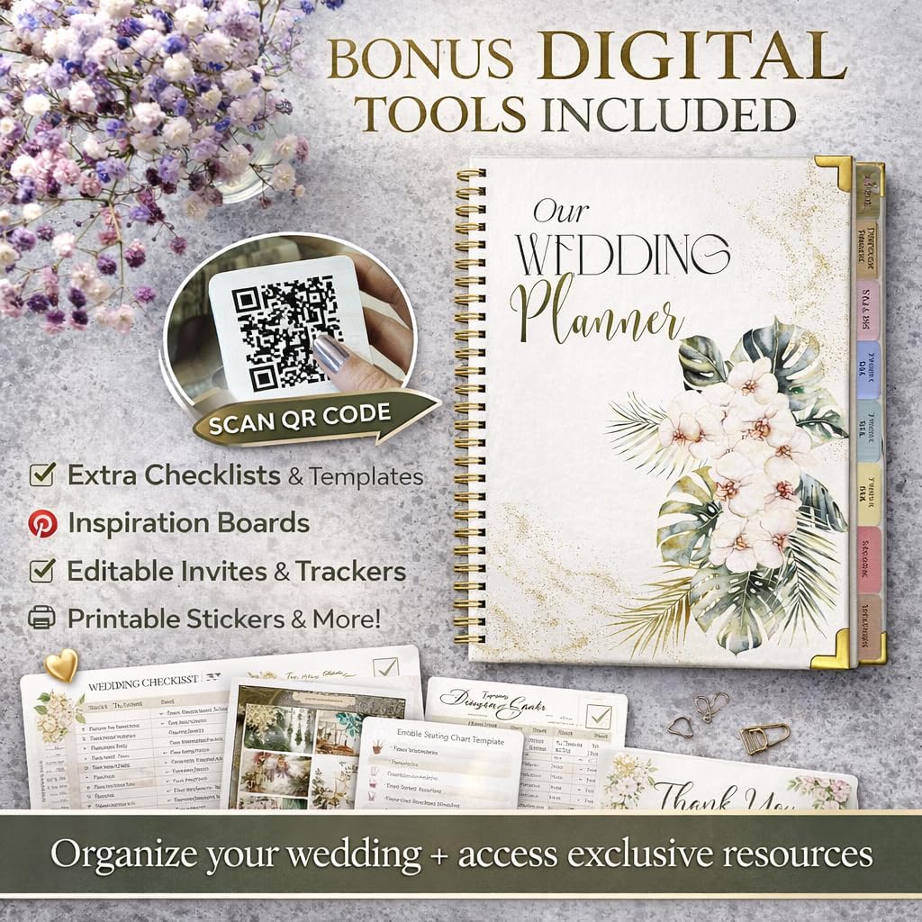 Wedding Planner Book and Organizer for Bride and Groom - Engagement Gift, Wedding Planner with Checklist, Timelines, & Budget Tracker - Includes Free QR Code for Exclusive Digital Tools.