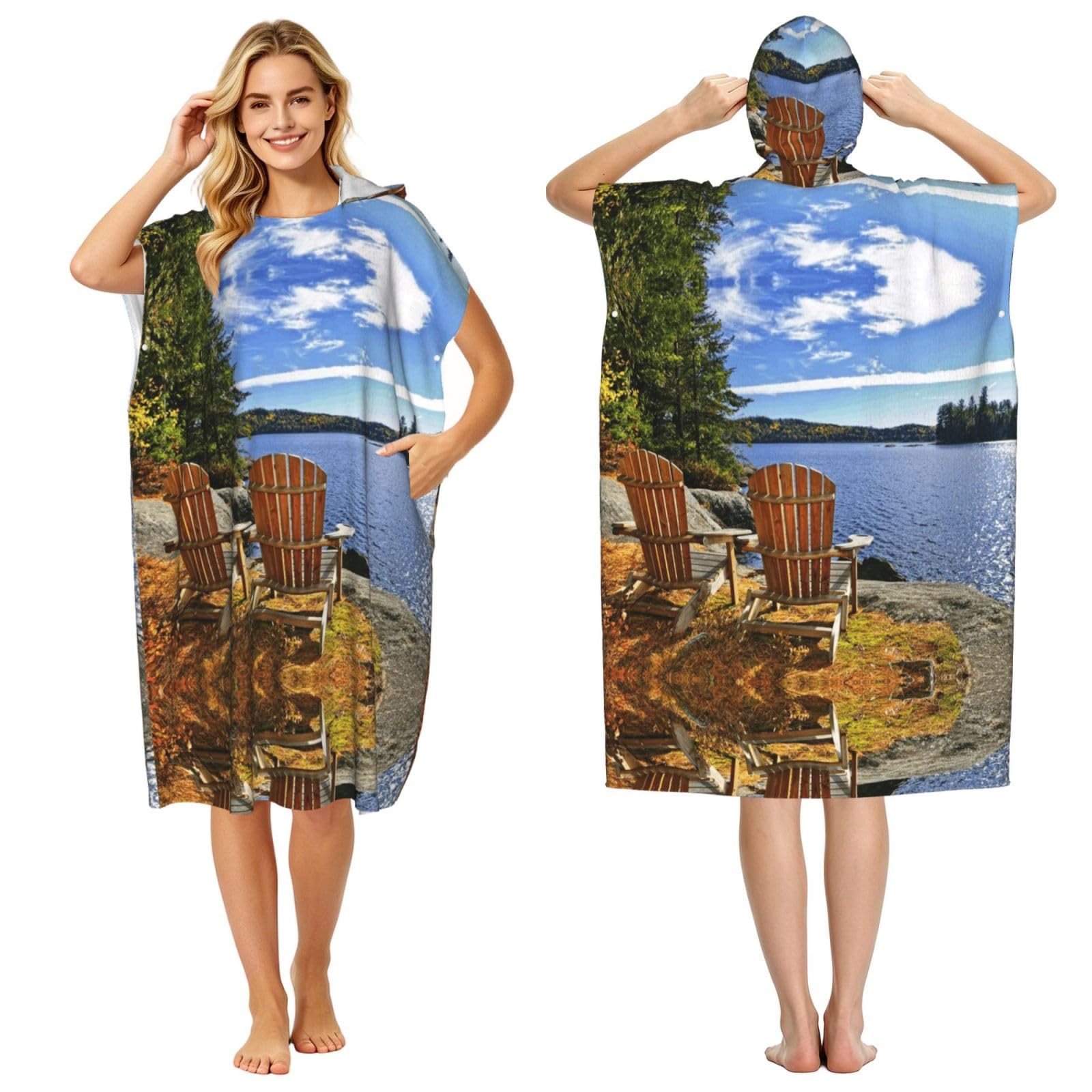EZDLOWVBA Beach And Seascape Print Hooded Poncho Microfiber Beach Towel,Adult Women & Men Changing Robe,Lightweight Summer Surf Swim Bath Poncho Towel