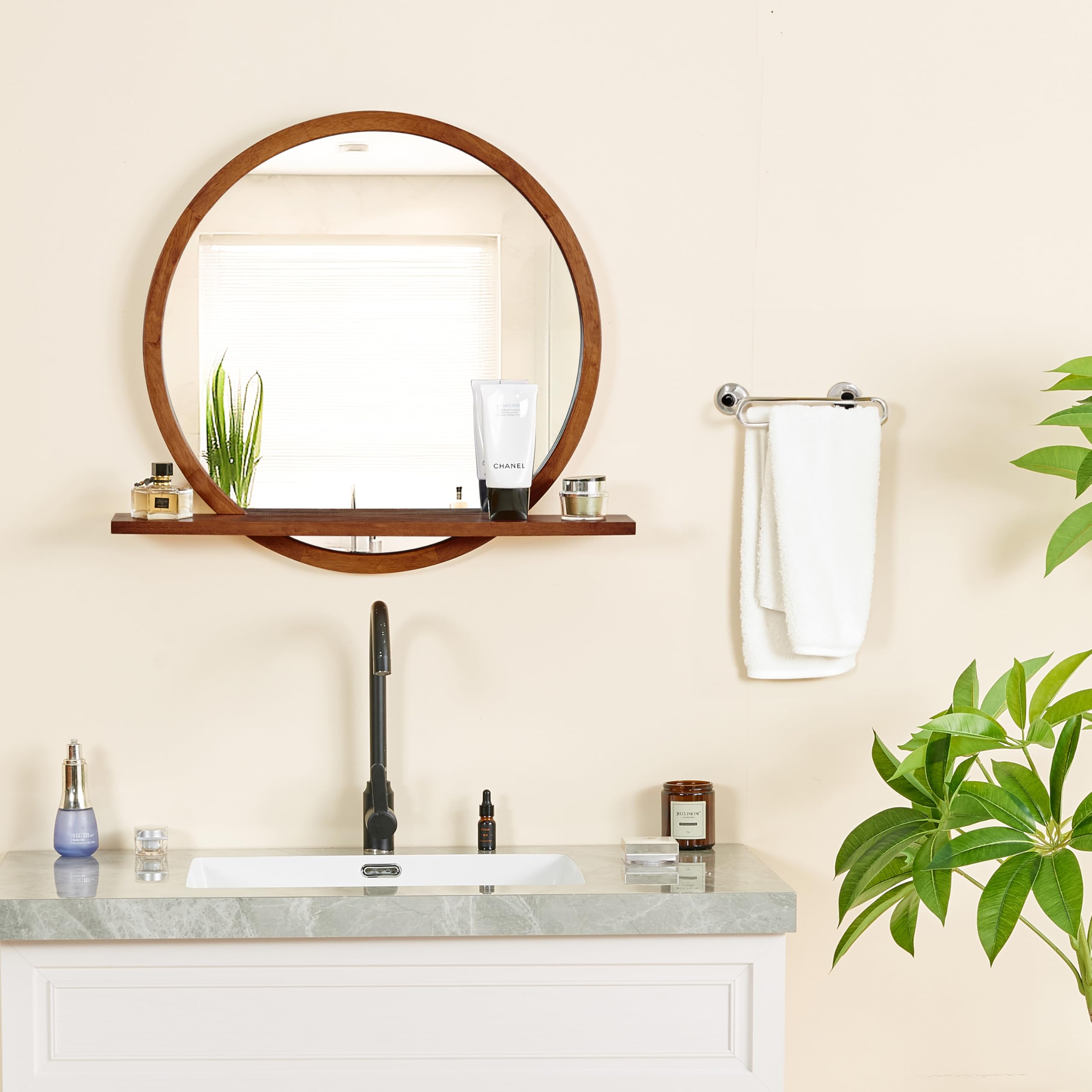 AGATEO Solid Wood Wall Mirror with Shelf – Round Wood Frame