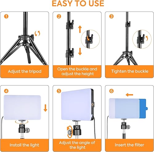 Miniatura 6 de SEDGEWIN Luz de video LED, paquete de 2 luces de transmisión regulables de 6500 K, kit de iluminación de fotografía con 9 filtros de color, trípode