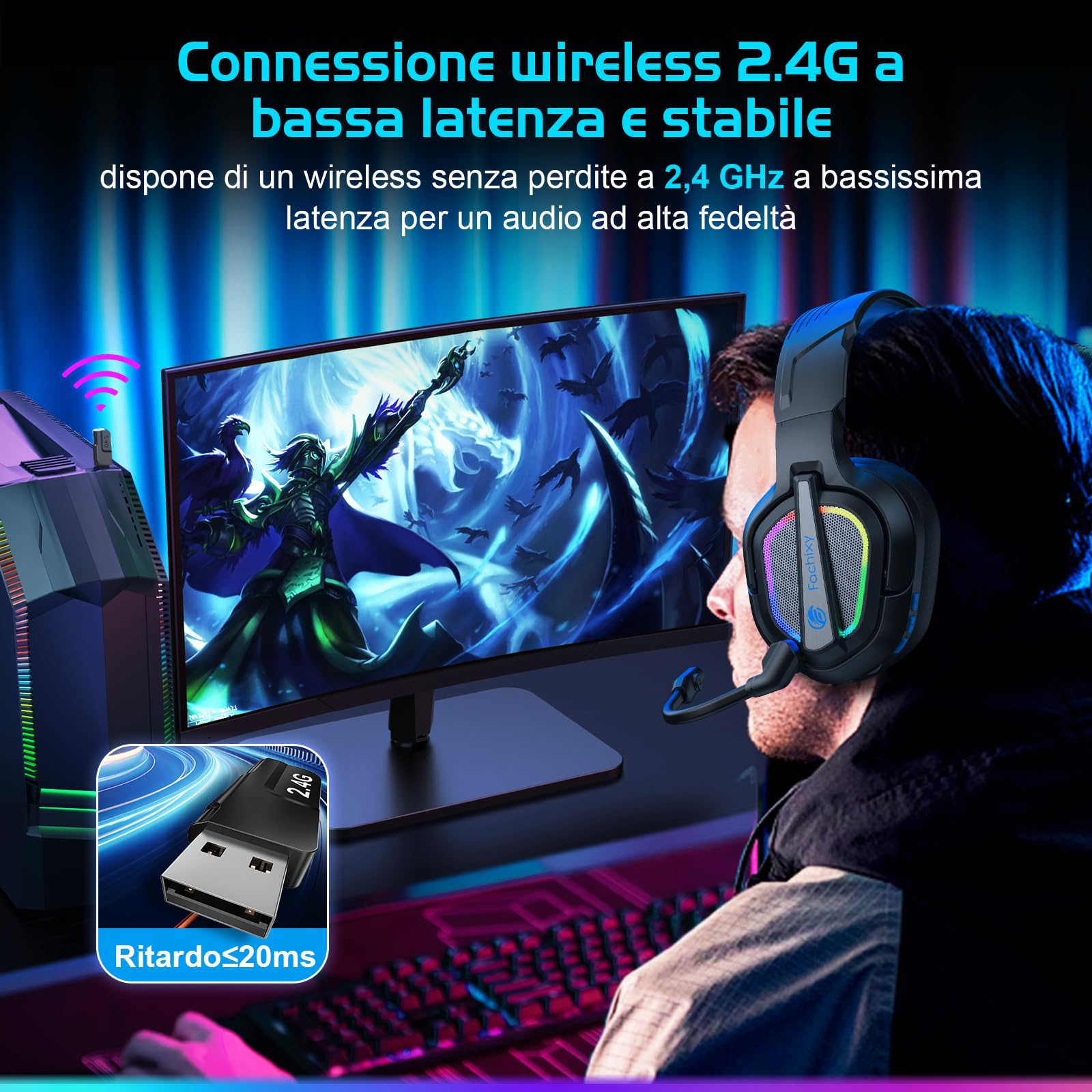 Fachixy FC200「2025 Nuova」Cuffie da gioco senza fili Per PS5, PS4, PC - 2.4GHz e Bluetooth con microfono - Suono stereo 3D e 50 ore di durata della Batteria - Per tablet, Switch, smartphone, nero-blu