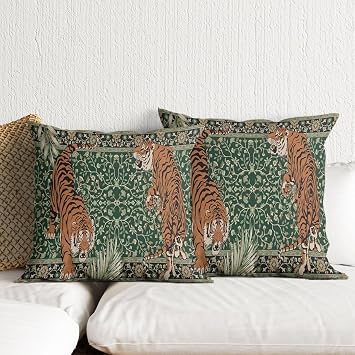 Tiger Throw Pillow Covers 18x18 Inch Leopard Cheetah Pillowcases Set of 2 Jungle Animal Throw Pillow Covers for Couch Vintage Boho Botanical Bed Decorative Pillowcases Sofa Cushion Cover