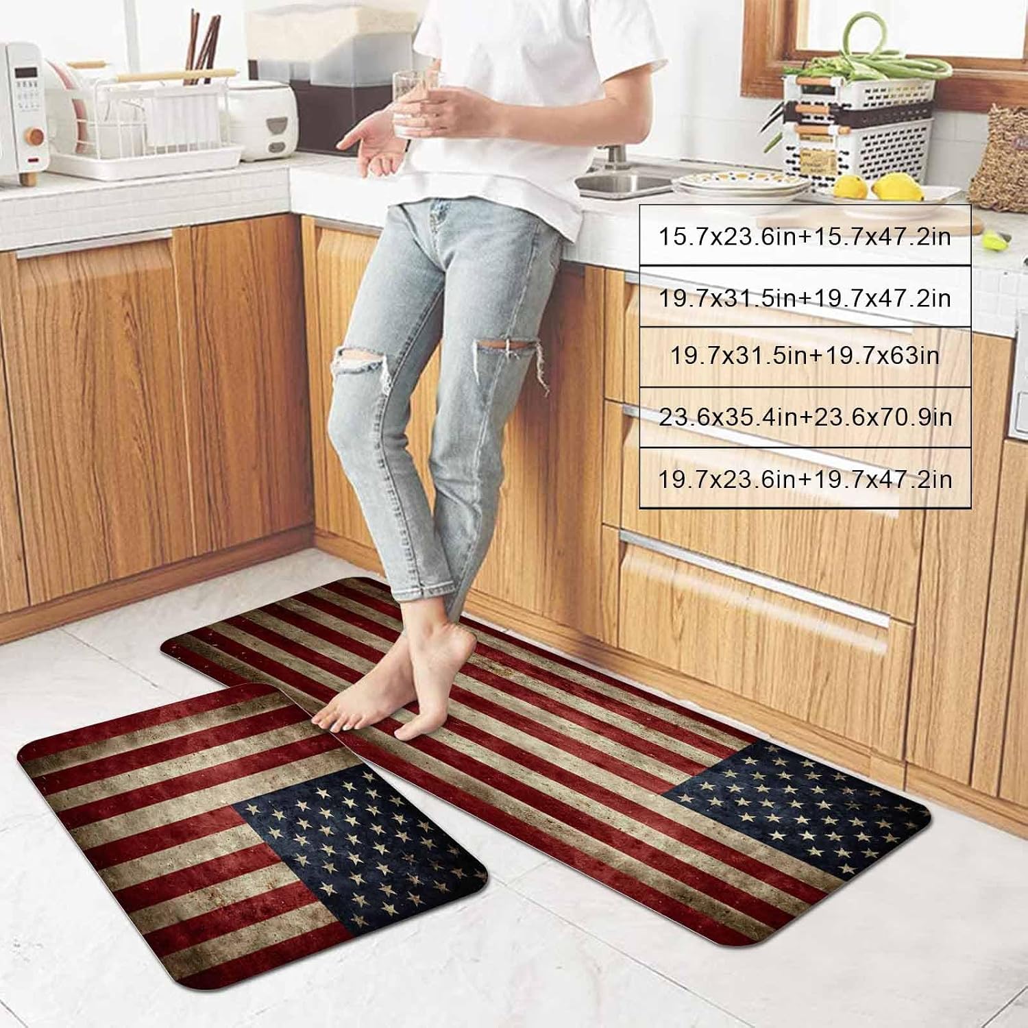 Prime Leader Vintage American Flag Kitchen Mat Set 2 Pieces Red White Striped Star Independence Day Non Slip Kitchen Rugs Washable Runner Rug Mats for Sink Laundry (19.7" x 31.5"+19.7" x 63")