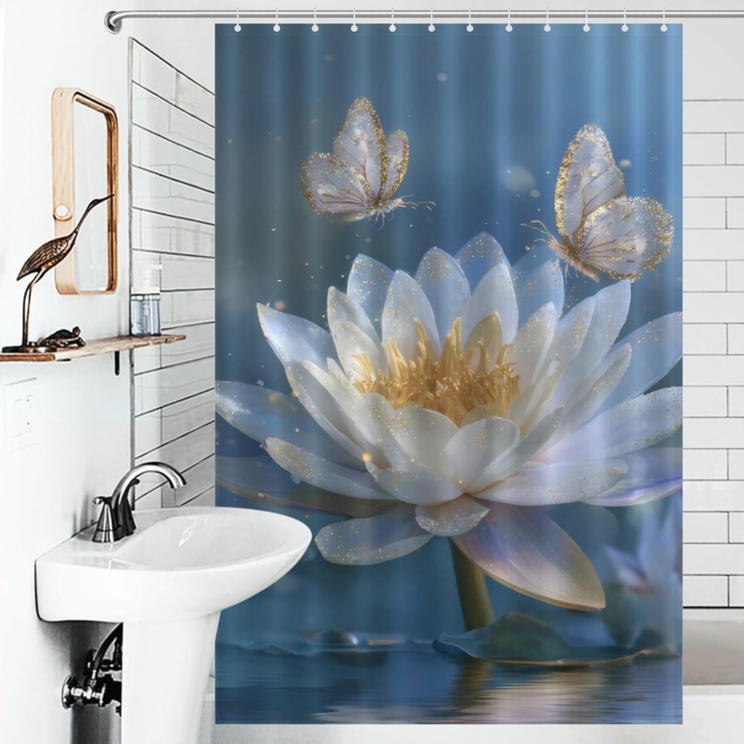 Lotusflower Butterflies Shower Curtain 46.85x70.87Inch（119x180cm） Polyester Bath Curtain Shower Curtains Printed Decorative
