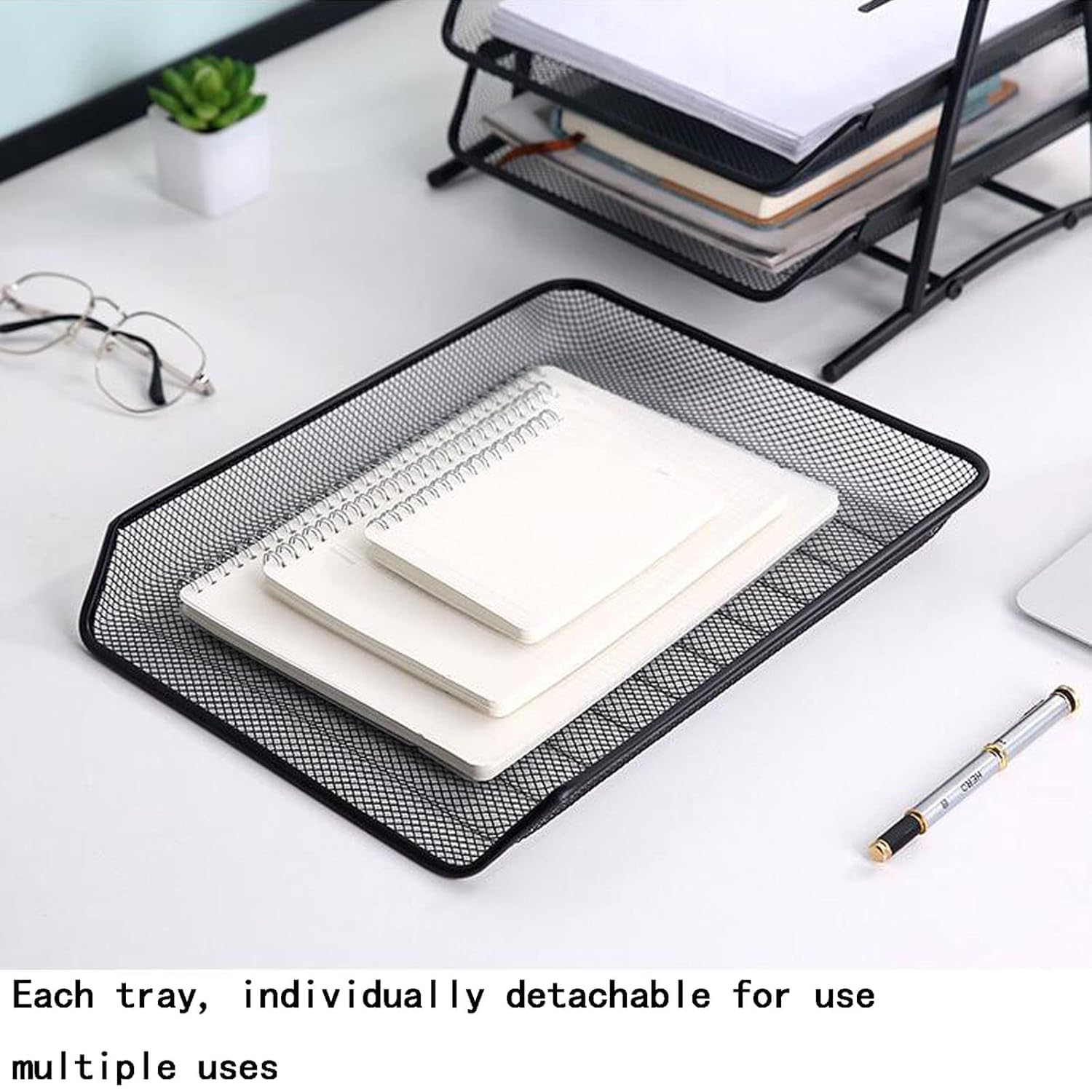 KACHKIT 2 Tier Document, 2 Desk File Tray, 2Tier Metal Mesh A4 Files documents Papers Folders Holder File, Paper, Letter, Office, Desktop Tray Organizer, (Black ; Sliding Shelf ; Set -1). (2 Tier) 3