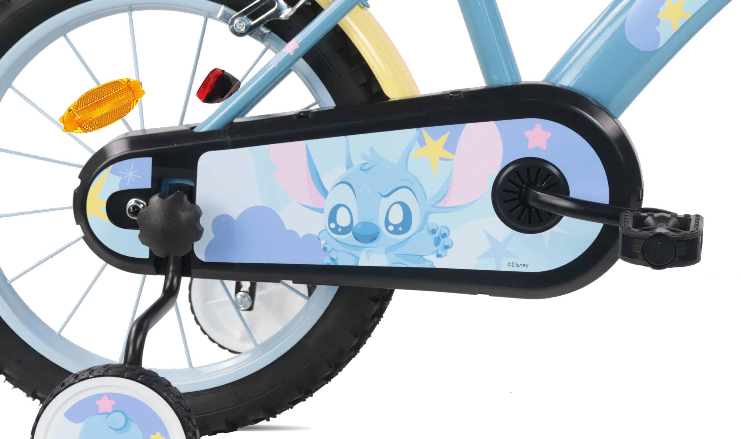 Vélo 16'' Stitch équipé de 2 Freins, Roues gonflables, Plaque Avant décorative, bidon arrière et stabilisateurs Inclus.