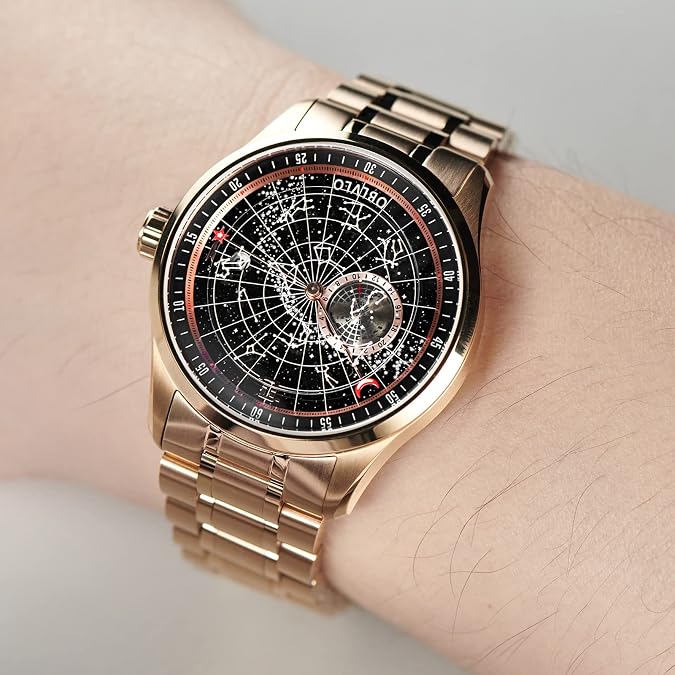 OBLVLO Luxury Men's Watch, Rose Gold Stainless Steel, Constellation Dial Design, Blue Face