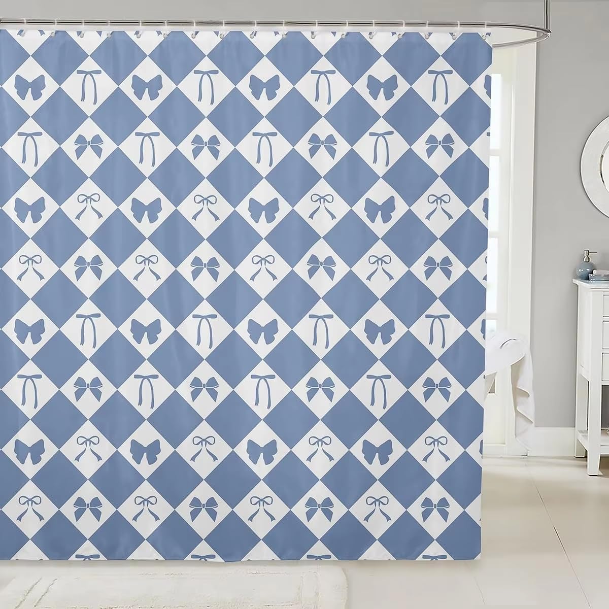 KELAIMI Cute Coquette Style Geometric Shower Curtain,Argyle Bow Bathroom Curtains with Hooks,Simple Waterproof Polyester Fabric Bathtub Curtains Blue 90X180Cm