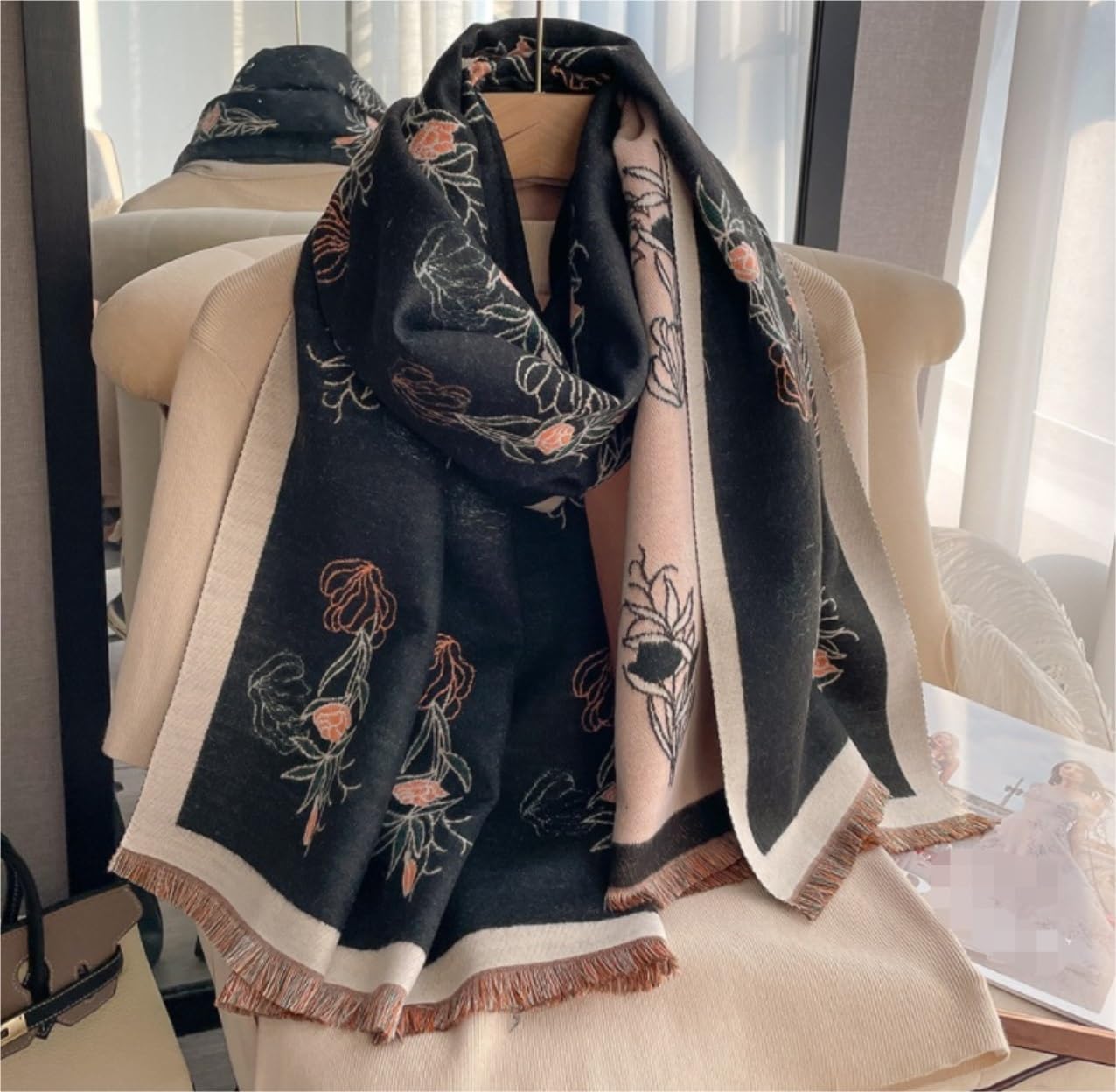 Bufanda Chal Bufanda Cálida De Doble Cara Para Mujer, Chal Con Estampado De Flores Y Otoño De Invierno, Grueso Suave y Cálida