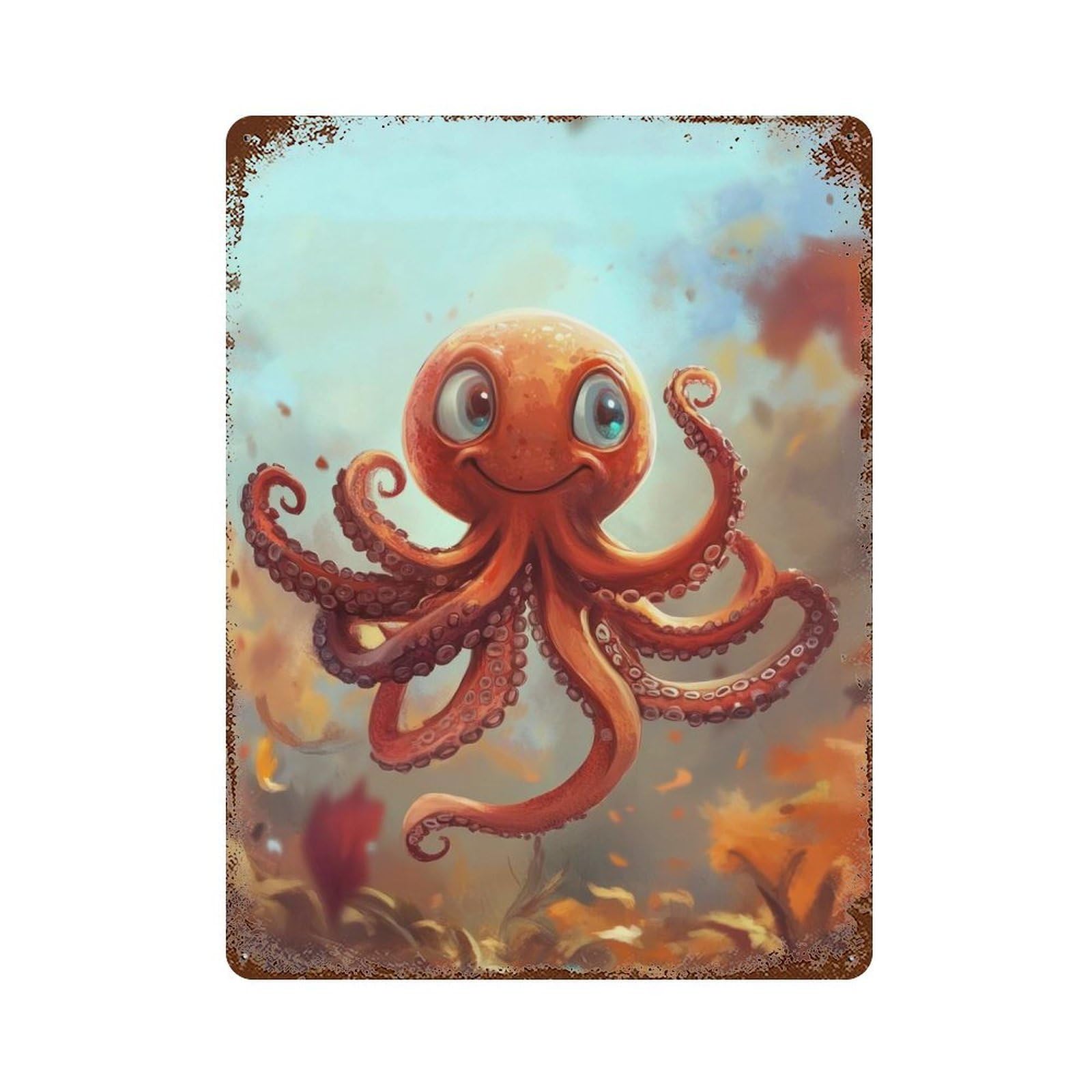 Playful Octopus Painting 15.7"x11.8" Rusty Metal Tin Sign, Farmhouse Wall Decor for Office, Studio And Wall Decor