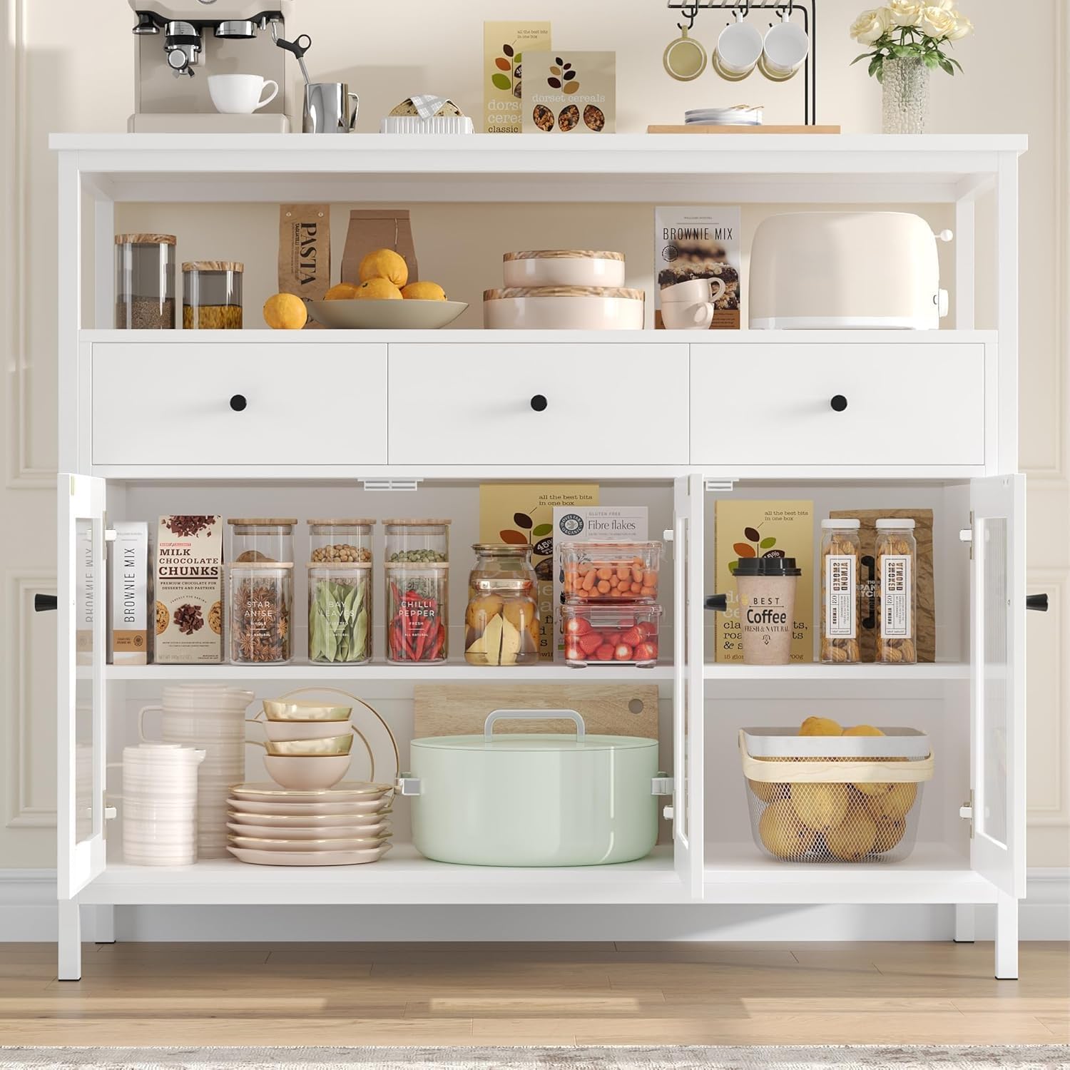 FirFurd Credenza Cucina,Mobile Cucina con 3 Cassetti e 3 Ante Bianco | Dispensa Cucina con Ante Vetro Temperato｜Credenza Soggiorno a Ripiani Regolabili｜per Sala da Pranzo, Soggiorno｜108x38x98,5 cm