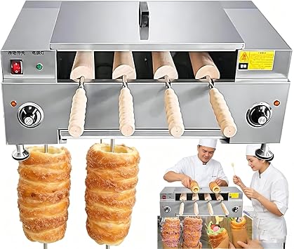 Commercial Electric Chimney Cake Maker Oven Machine, Ice Cream Cone Roll Grill with 4Pcs Roll Elements,Chimney Bread Cake Oven, 3000W High Power for Dessert Shops Bakeries Coffee Shops