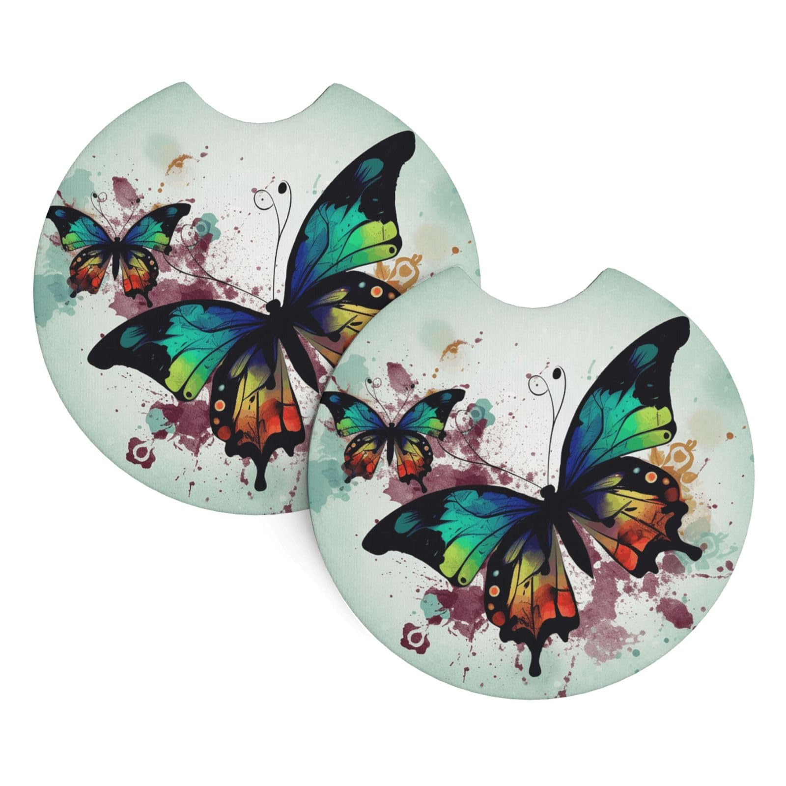 2PCS Car Coaster for Cup Holders Universal Auto Cup Mat Artistic Butterfly Cup Coaster Pad 2.7" Waterproof Neoprene Non-Slip Cup Holder Coasters Car Interior Accessories for Women Men