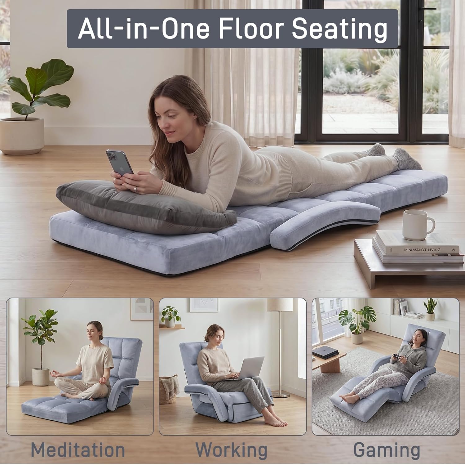 Folding Floor Chair with Back Support, Velvet Adjustable Floor Gaming Chair with 14-Positions, Indoor Chaise Lounge Sofa with Armrest for Living Room, Bedroom, Balcony, Grey