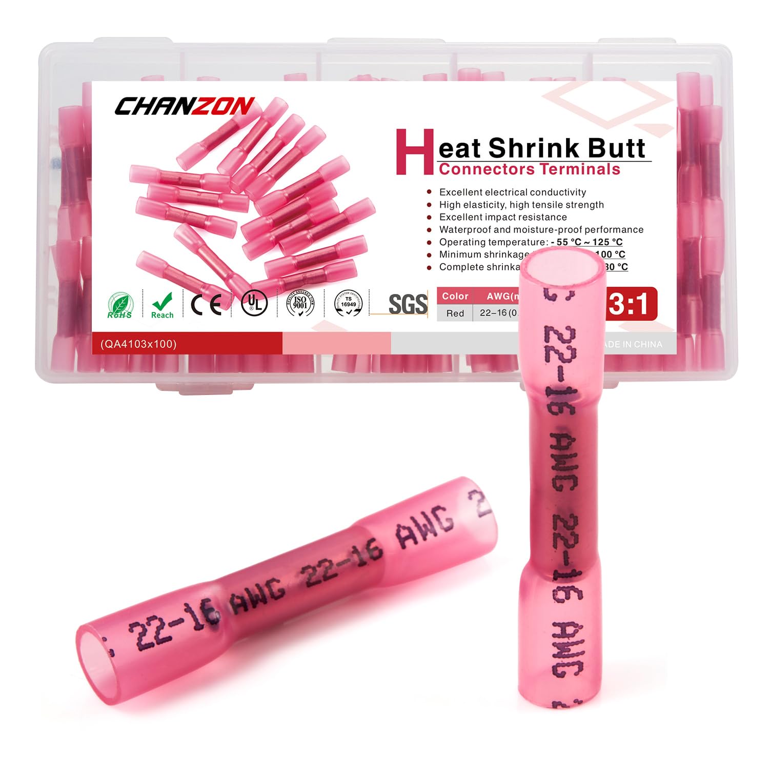 Chanzon 100pcs Heat Shrink Butt Connectors Waterproof 22-16AWG Marine Grade 3:1 Ratio Solder Seal Gauge -Red- Wire Crimp Connector Splice Electrical