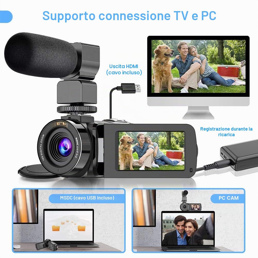 Videocamera Digitale Ultra HD 2.7K UHD 36MP per vlogging per Youtube IR Night Vision 3.0 "LCD Touch Screen 16X zoom digitale con registratore palmare stabilizzatore per microfono, 2 batterie