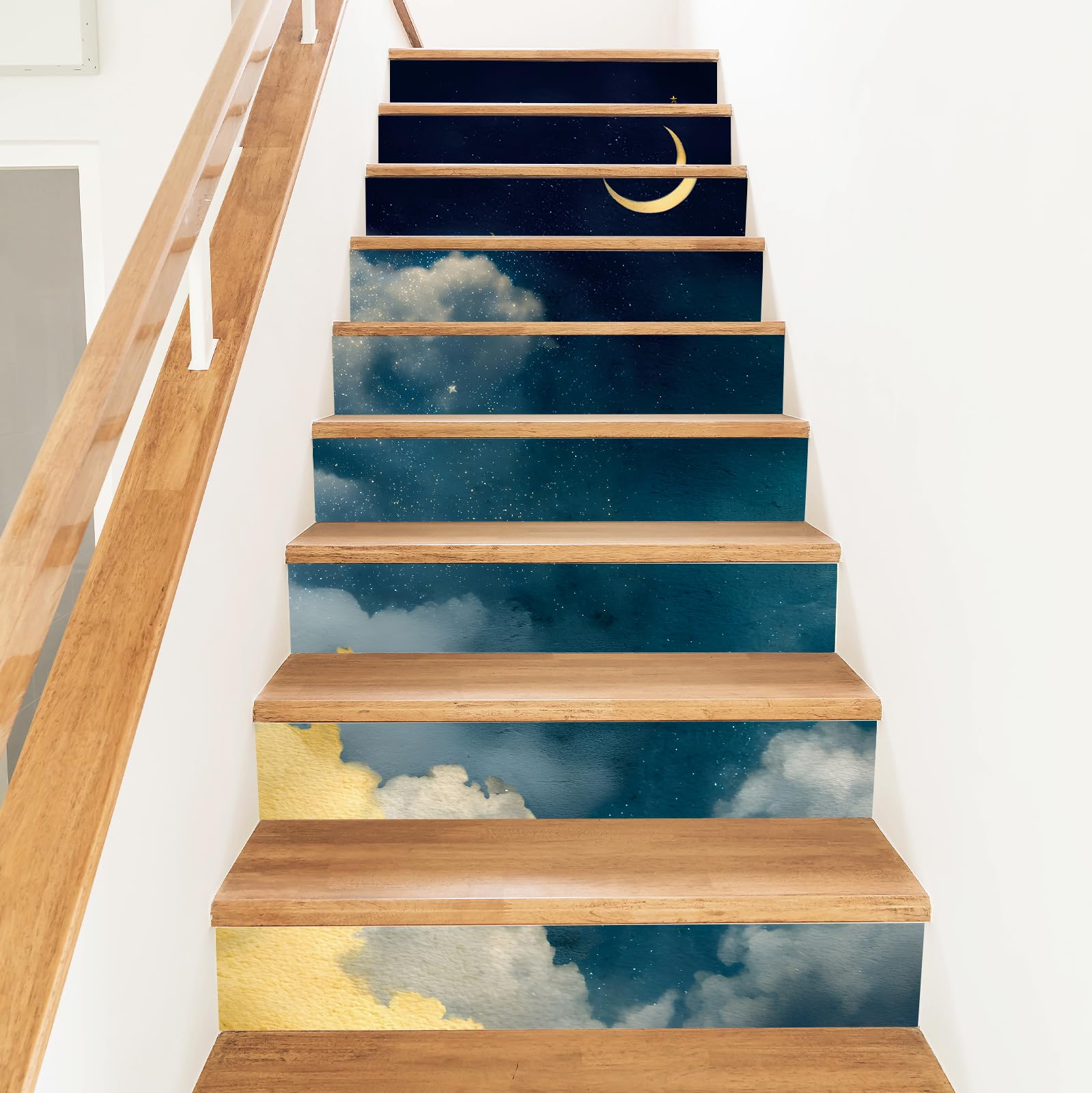 PLIGREAT Night Sky Clouds Stair Risers Decals, 15 Pack Peel and Stick Staircase Stickers Self-Adhesive Creative Art Staircase Murals for Steps DIY Home Hotel Stair Makeover Decor, 18x100cm