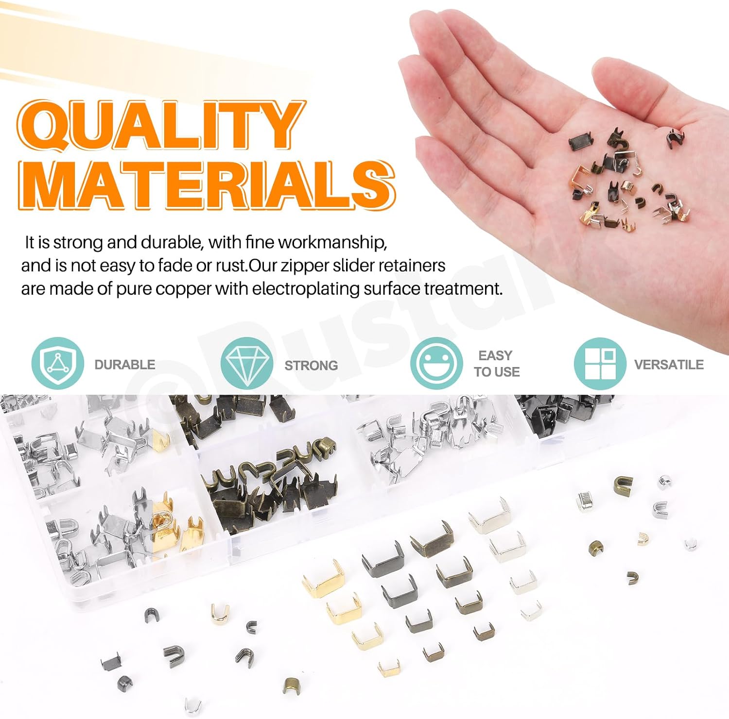 Rustark 240Pcs 4 Sizes Zipper Stoppers Assortment Kit Top & Bottom Zipper Stops Assorted Colors Zippers Slider Retainers Zippers Repair Kit for Bags Coats Jackets